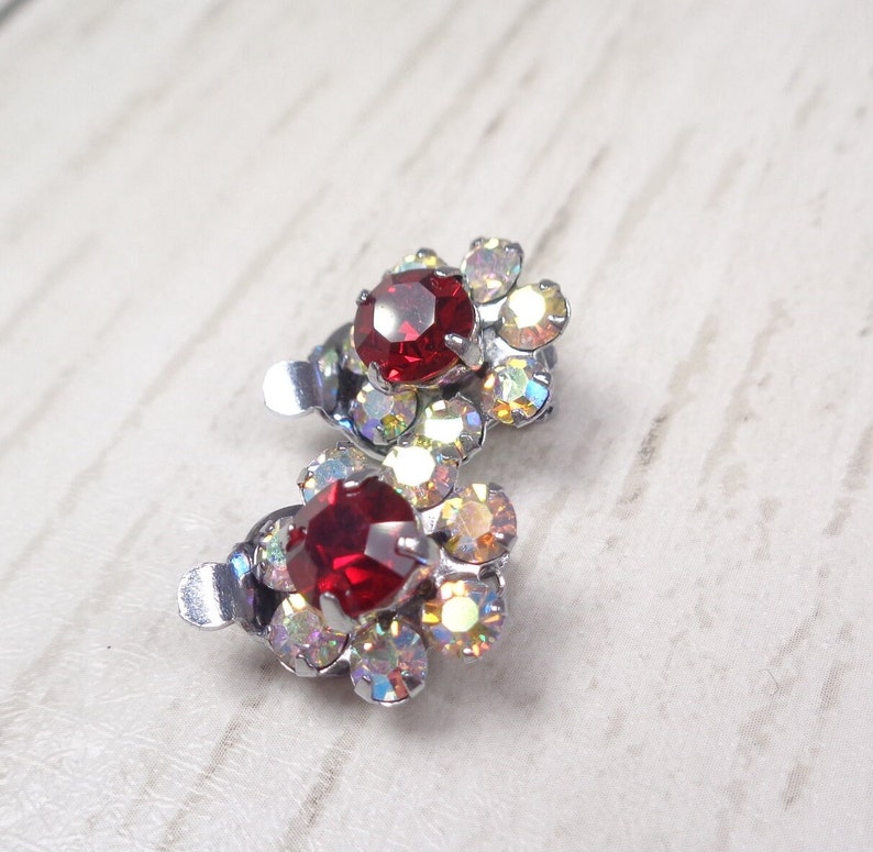 Vintage 1960s Sparkly Aurora Borealis & Ruby-Red Crystal Silver Tone Clip-On Earrings image 4