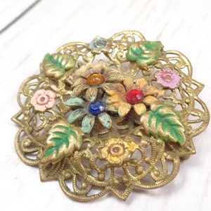 Czech Floral Filigree Circle Brooch 1920s Vintage with Enamel-Painted Flowers and Coloured Glass Beads. image 6