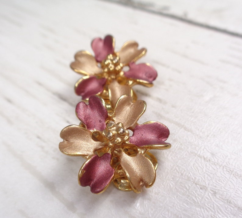 Vintage Bronze and Gold Enamel Floral Clip On Earrings image 5