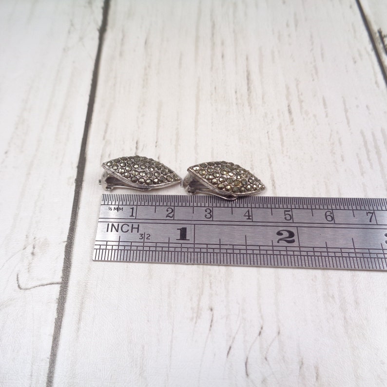 Vintage Silver Tone 1950s-60s Marcasite Clip-On Diamond Shaped Earrings image 2
