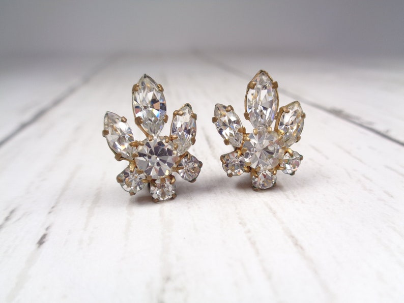 1950s Vintage Silver Clip-On Earrings with Clear Rhinestones Timeless Elegance for Brides and Special Occasions image 1