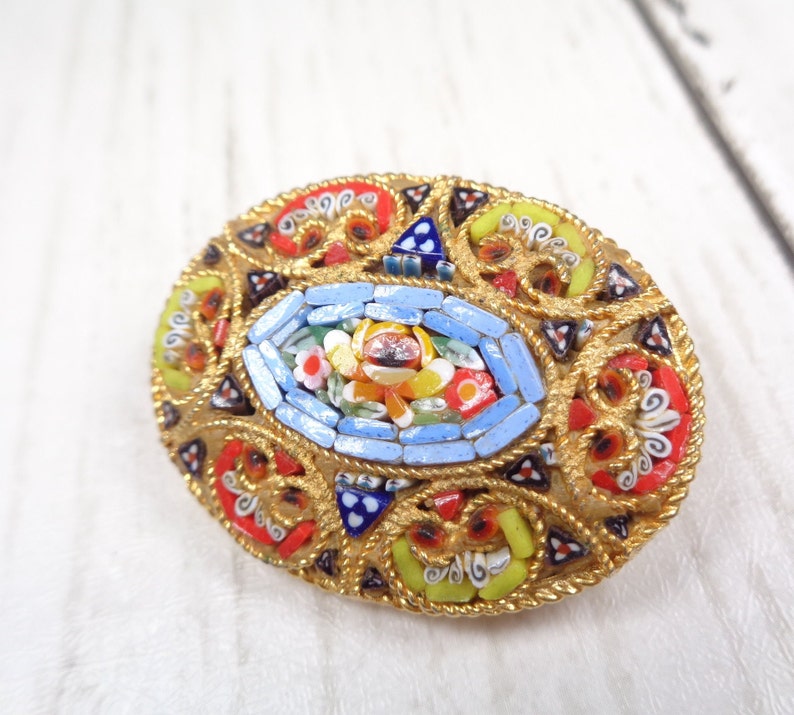 Vintage Millefiori Brooch from Italy 1950s Colourful Micro-Mosaic Oval Brooch Unique Handcrafted Jewelry image 6