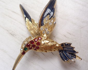 Vintage 1970s SPHINX Hummingbird Brooch with Red, Clear and Green Rhinestone
