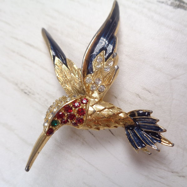 Vintage 1970s SPHINX Hummingbird Brooch with Red, Clear and Green Rhinestone