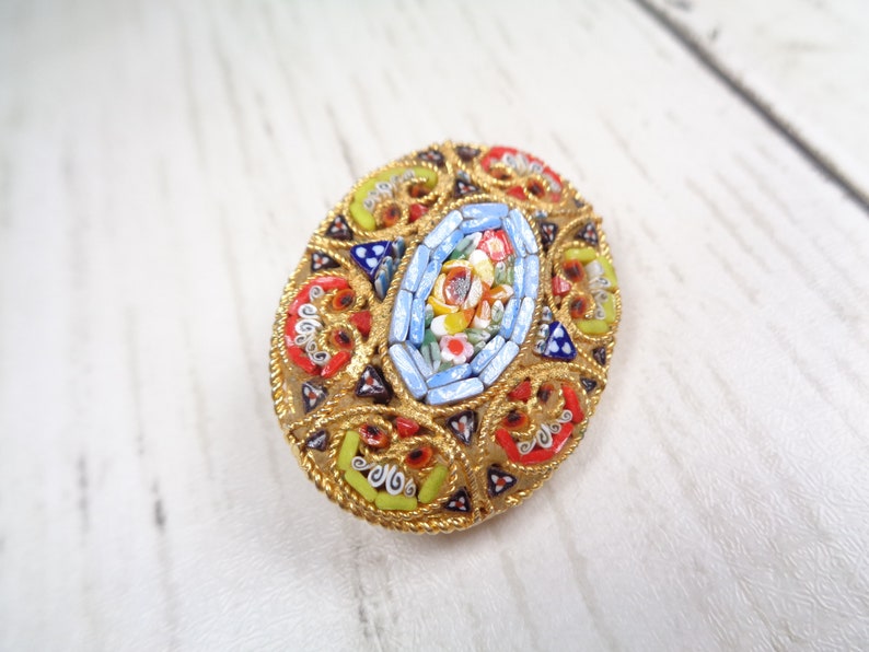 Vintage Millefiori Brooch from Italy 1950s Colourful Micro-Mosaic Oval Brooch Unique Handcrafted Jewelry image 4