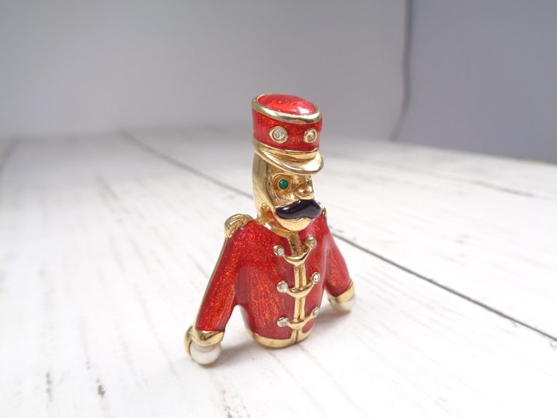 Quality Vintage Gold-Plated Nutcracker Brooch by Designer Keyes Enamel, Faux Pearl and Crystal image 2