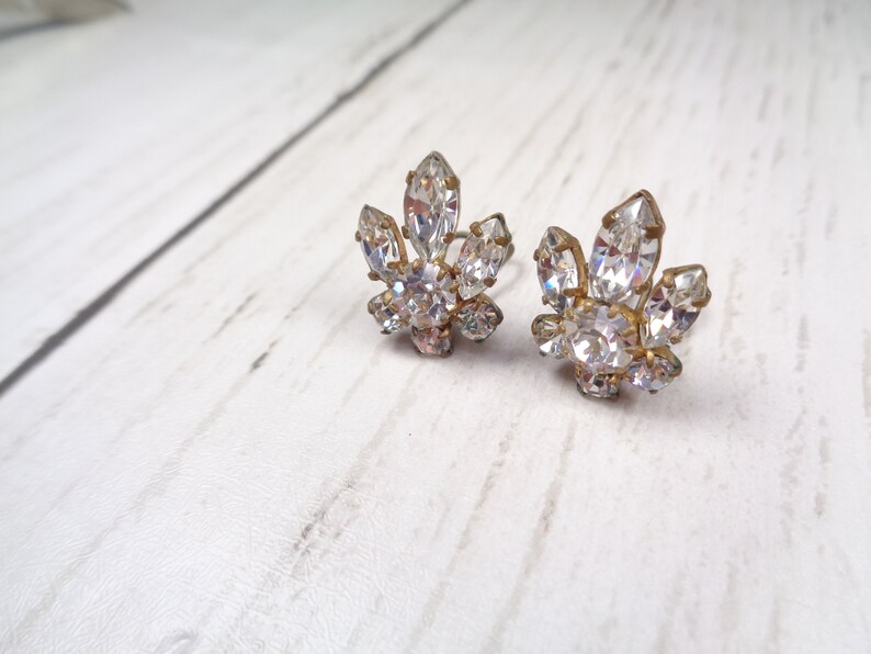 1950s Vintage Silver Clip-On Earrings with Clear Rhinestones Timeless Elegance for Brides and Special Occasions image 5