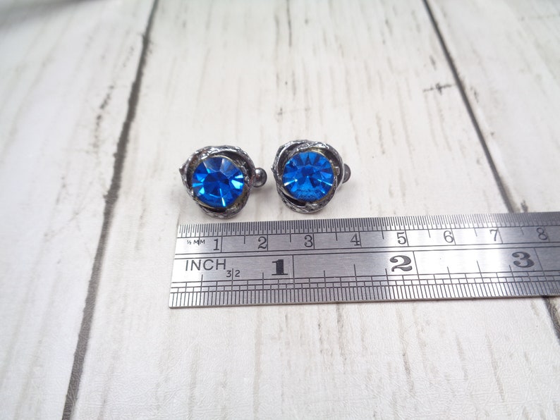 Vintage Silver-tone 1960s Clip-On Earrings with Royal Blue Crystals. Quality Earrings. image 6