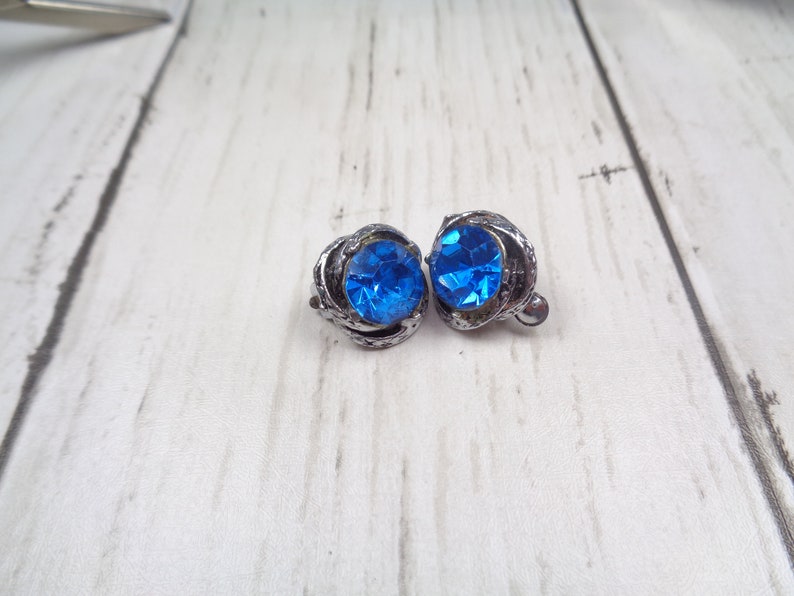 Vintage Silver-tone 1960s Clip-On Earrings with Royal Blue Crystals. Quality Earrings. image 4