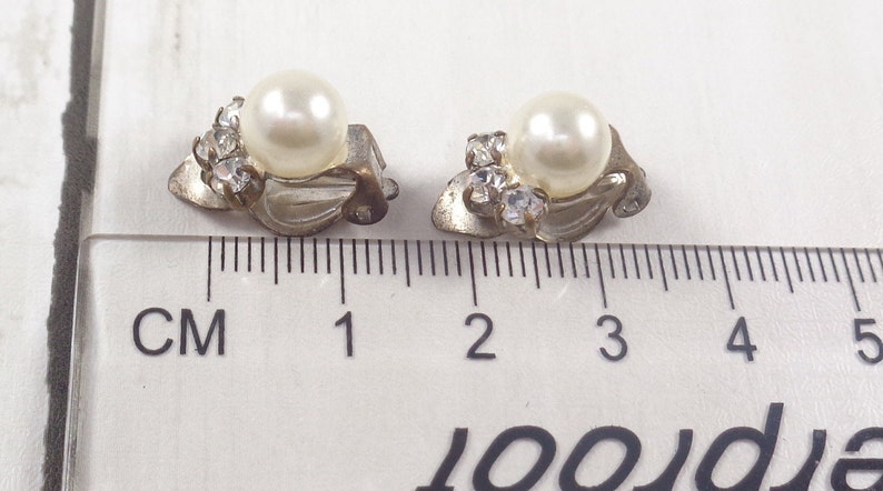 Vintage 60s Faux Pearl & Rhinestone Clip On Earrings image 7