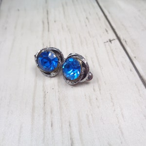 Vintage Silver-tone 1960s Clip-On Earrings with Royal Blue Crystals. Quality Earrings. image 2
