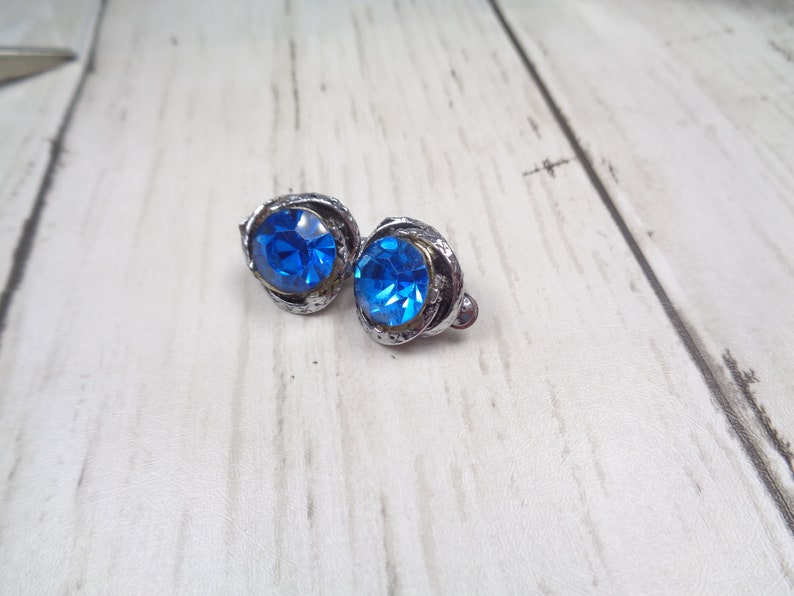 Vintage Silver-tone 1960s Clip-On Earrings with Royal Blue Crystals. Quality Earrings. image 2