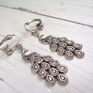 Elegant Silver-tone Clip On Peacock Earrings image 2