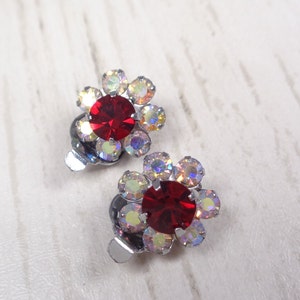 Vintage 1960s Sparkly Aurora Borealis & Ruby-Red Crystal Silver Tone Clip-On Earrings image 2