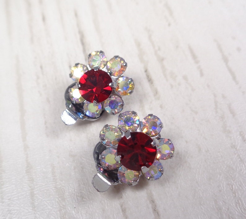 Vintage 1960s Sparkly Aurora Borealis & Ruby-Red Crystal Silver Tone Clip-On Earrings image 2
