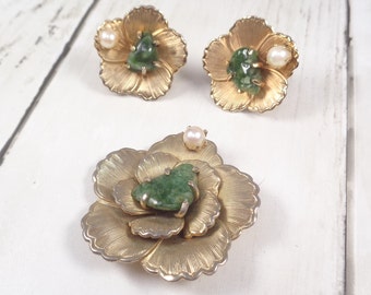 Vintage 60s Camelia Flower Brooch with Faux Pearls/Jade & Matching Screw Back Earrings.