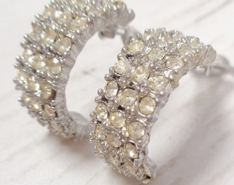 Vintage 1950s Silver-Tone Crystal Clip-On Hoop Earrings