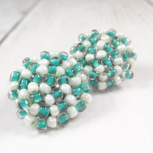 Vintage 1960s Mint Green and White Bead Clip On Earrings image 1