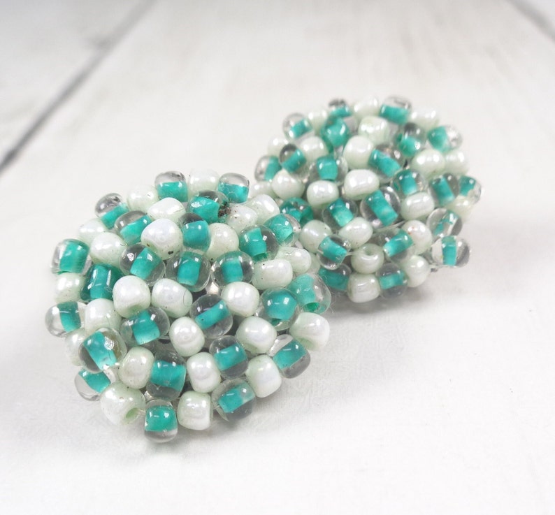 Vintage 1960s Mint Green and White Bead Clip On Earrings image 1