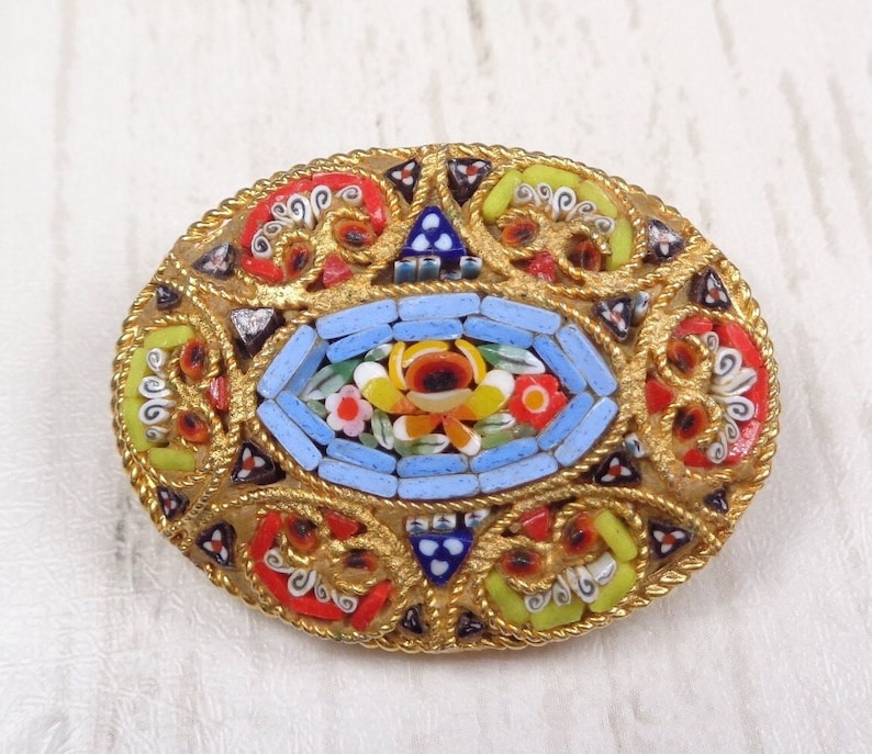 Vintage Millefiori Brooch from Italy 1950s Colourful Micro-Mosaic Oval Brooch Unique Handcrafted Jewelry image 1