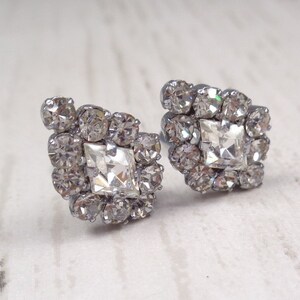 Small 1950s Vintage Silver Tone Clip-On Earrings with Clear Sparkling Rhinestones image 3