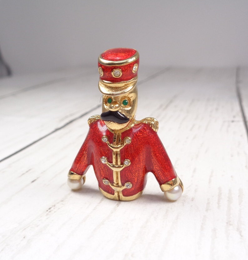 Quality Vintage Gold-Plated Nutcracker Brooch by Designer Keyes Enamel, Faux Pearl and Crystal image 8