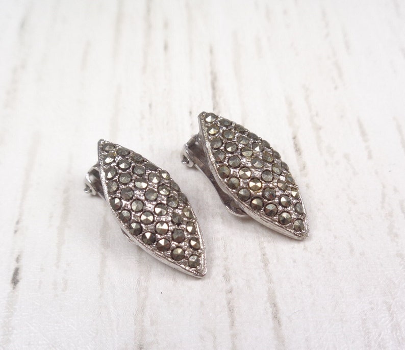 Vintage Silver Tone 1950s-60s Marcasite Clip-On Diamond Shaped Earrings image 1