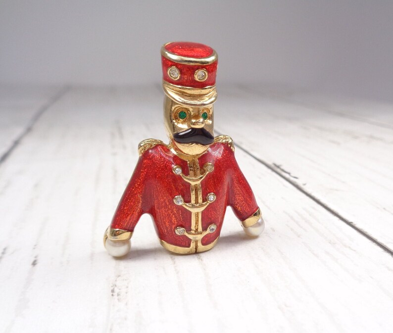 Quality Vintage Gold-Plated Nutcracker Brooch by Designer Keyes Enamel, Faux Pearl and Crystal image 1