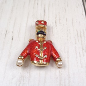 Quality Vintage Gold-Plated Nutcracker Brooch by Designer Keyes Enamel, Faux Pearl and Crystal image 5