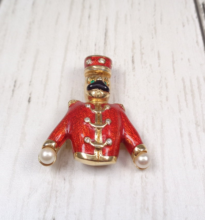 Quality Vintage Gold-Plated Nutcracker Brooch by Designer Keyes Enamel, Faux Pearl and Crystal image 5