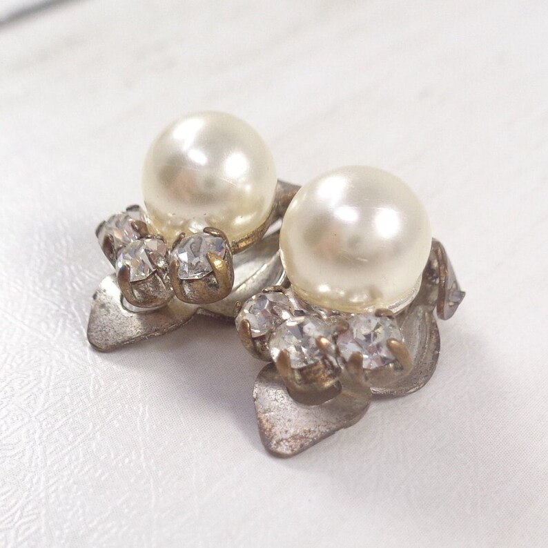 Vintage 60s Faux Pearl & Rhinestone Clip On Earrings image 1