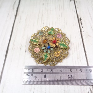 Czech Floral Filigree Circle Brooch 1920s Vintage with Enamel-Painted Flowers and Coloured Glass Beads. image 3