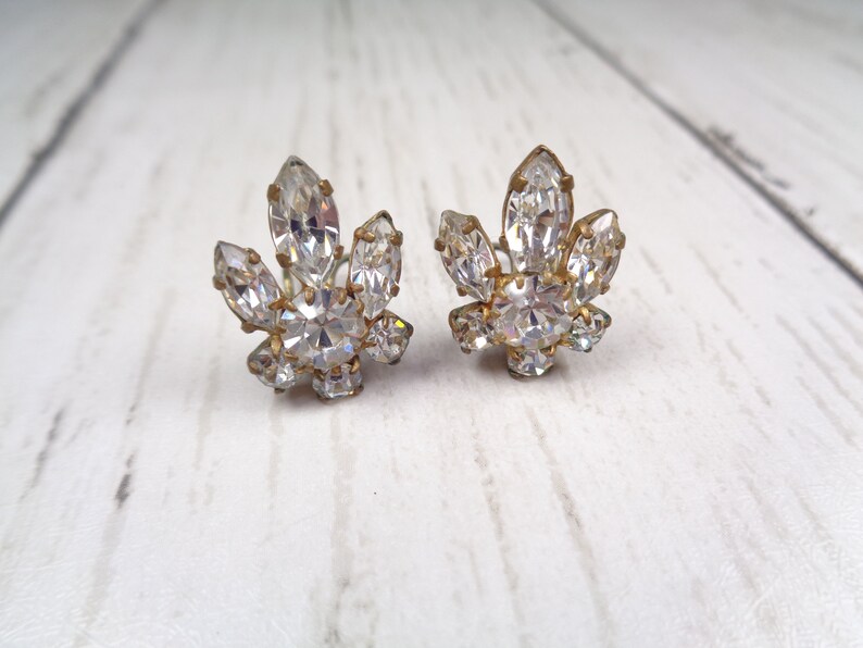 1950s Vintage Silver Clip-On Earrings with Clear Rhinestones Timeless Elegance for Brides and Special Occasions image 6