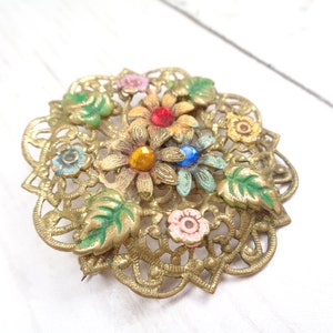 Czech Floral Filigree Circle Brooch 1920s Vintage with Enamel-Painted Flowers and Coloured Glass Beads. image 8