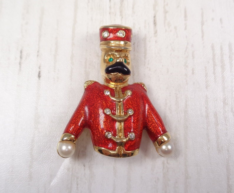 Quality Vintage Gold-Plated Nutcracker Brooch by Designer Keyes Enamel, Faux Pearl and Crystal image 6