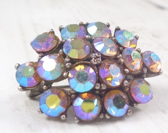 Classic 1950's Brooch, Aurora Borealis Rhinestone Brooch, Sparkly Vintage Pin