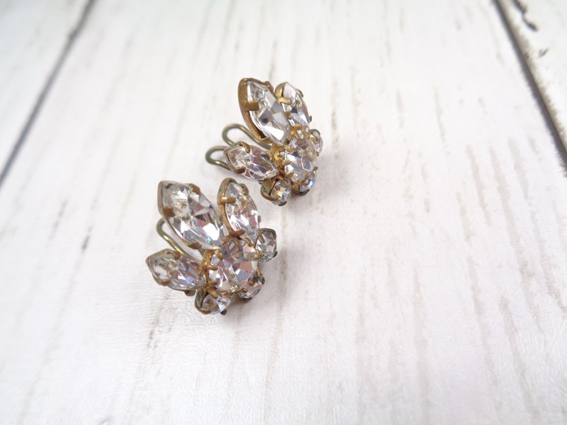 1950s Vintage Silver Clip-On Earrings with Clear Rhinestones Timeless Elegance for Brides and Special Occasions image 4