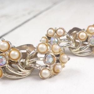 Vintage 1960s Jewelcraft Gold Tone Faux Pearl and Aurora Borealis Clip On Earrings image 5