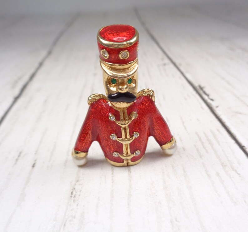 Quality Vintage Gold-Plated Nutcracker Brooch by Designer Keyes Enamel, Faux Pearl and Crystal image 7