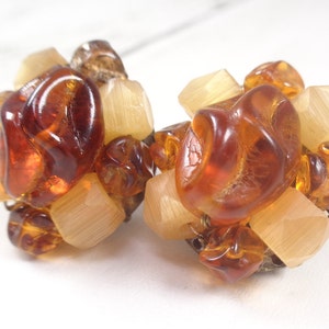 Vintage 1960s Honey Tones Cluster Bead Clip On Earrings. West Germany. image 1