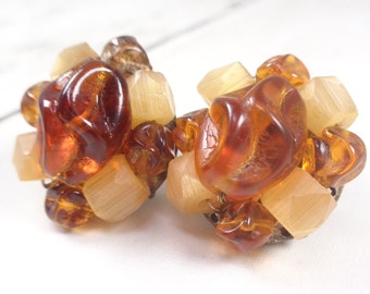 Vintage 1960s Honey Tones Cluster Bead Clip On Earrings. West Germany.
