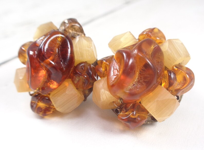 Vintage 1960s Honey Tones Cluster Bead Clip On Earrings. West Germany. image 1