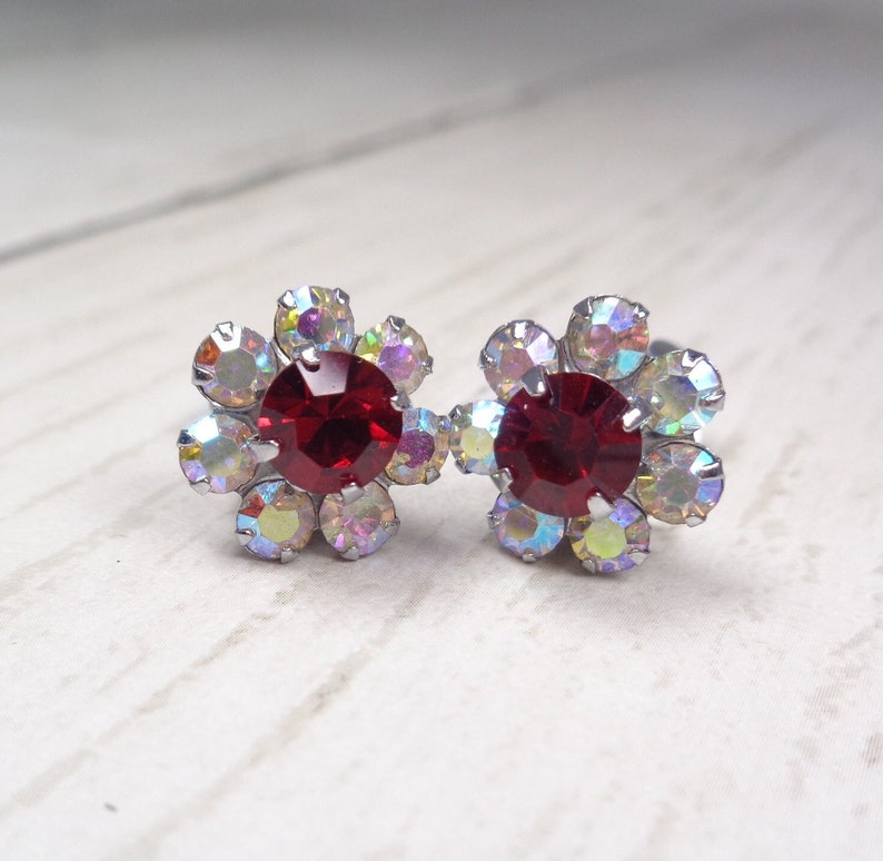 Vintage 1960s Sparkly Aurora Borealis & Ruby-Red Crystal Silver Tone Clip-On Earrings image 1