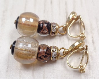 Vintage Glass Bead and Clear Crystal Drop Gold Tone Clip-On Earrings