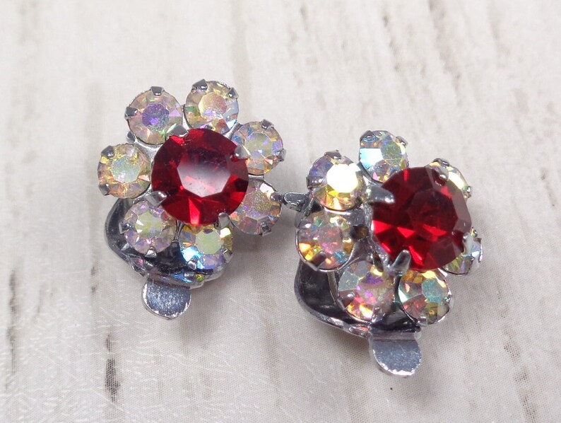 Vintage 1960s Sparkly Aurora Borealis & Ruby-Red Crystal Silver Tone Clip-On Earrings image 6