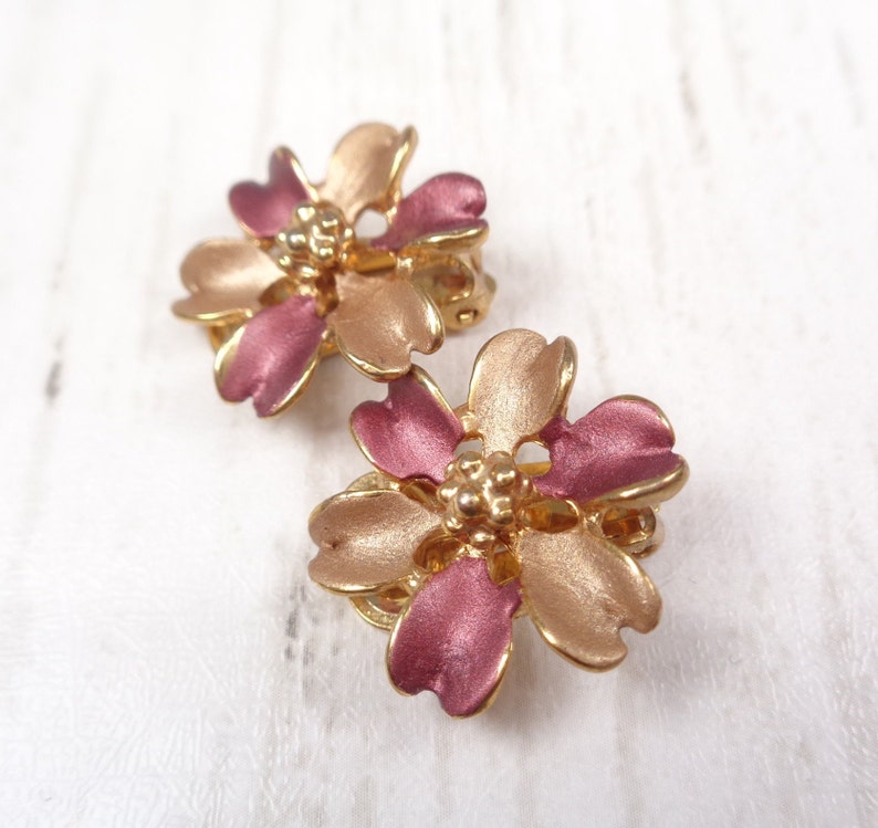 Vintage Bronze and Gold Enamel Floral Clip On Earrings image 4