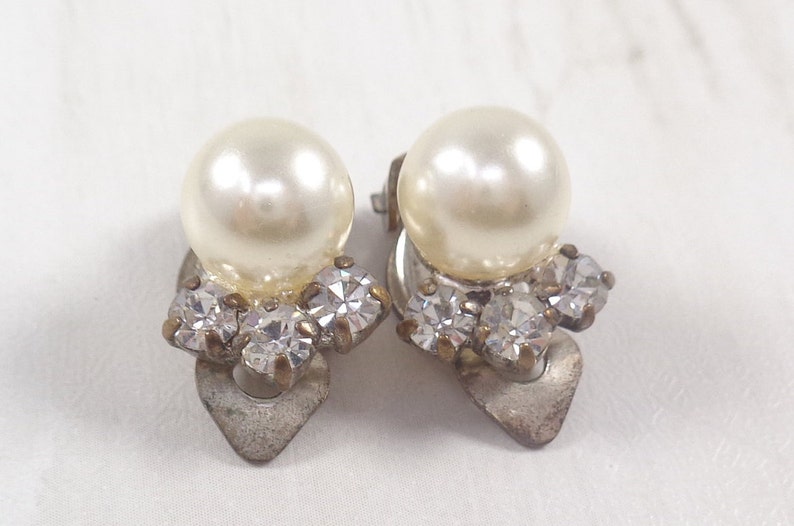 Vintage 60s Faux Pearl & Rhinestone Clip On Earrings image 3