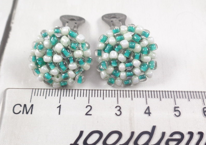 Vintage 1960s Mint Green and White Bead Clip On Earrings image 4