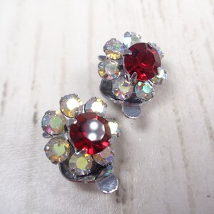 Vintage 1960s Sparkly Aurora Borealis & Ruby-Red Crystal Silver Tone Clip-On Earrings image 5