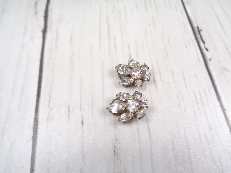 1950s Vintage Silver Clip-On Earrings with Clear Rhinestones Timeless Elegance for Brides and Special Occasions image 3